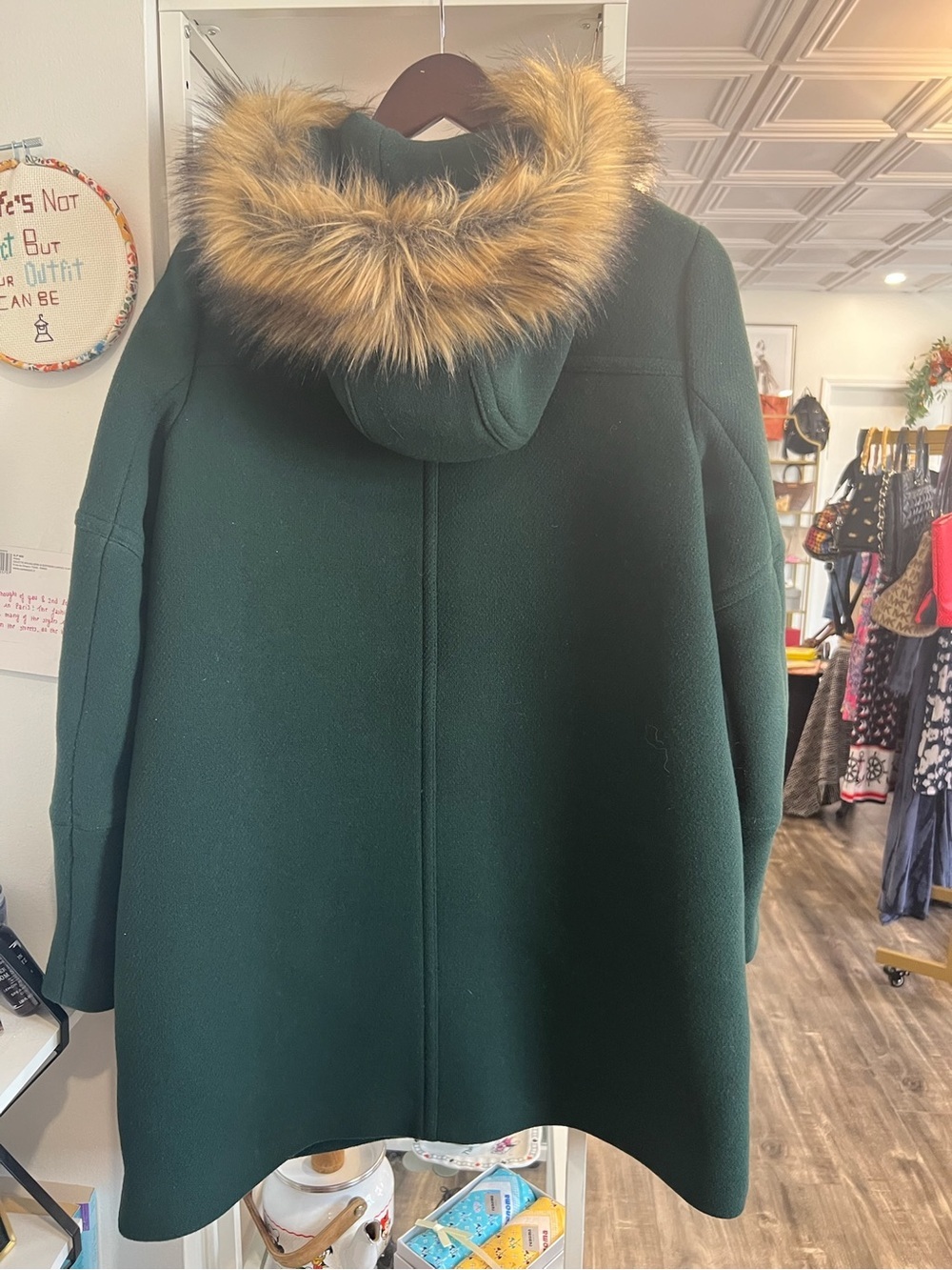 J. Crew Nelly Gori Italian stadium Green Wool-Blend Pea Coat with Faux-Fur Trim - Picture 2 of 4